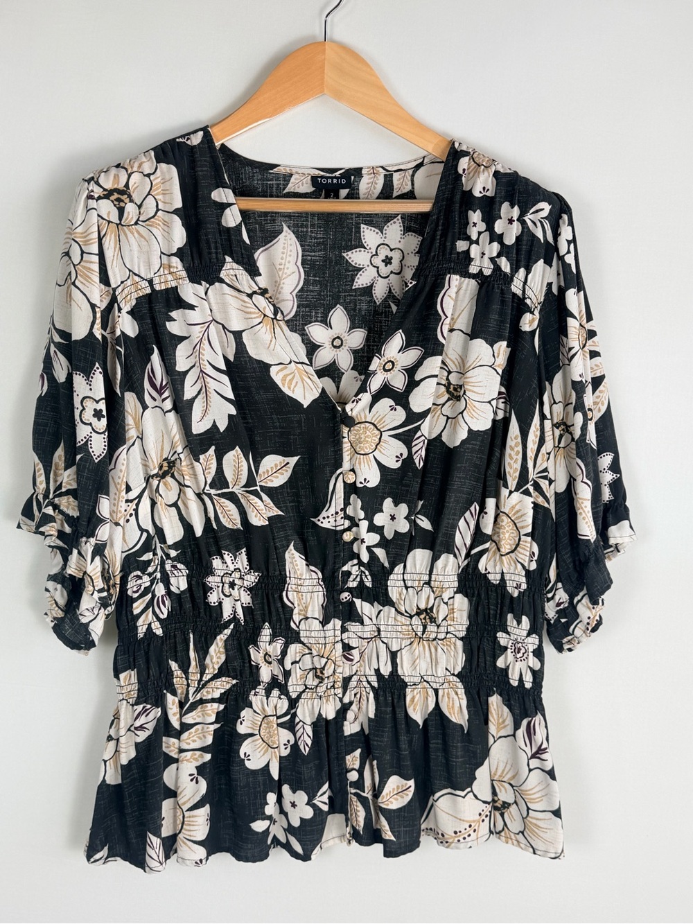 Torrid Floral Smocked Peplum Blouse Black Ivory 2X Size 2